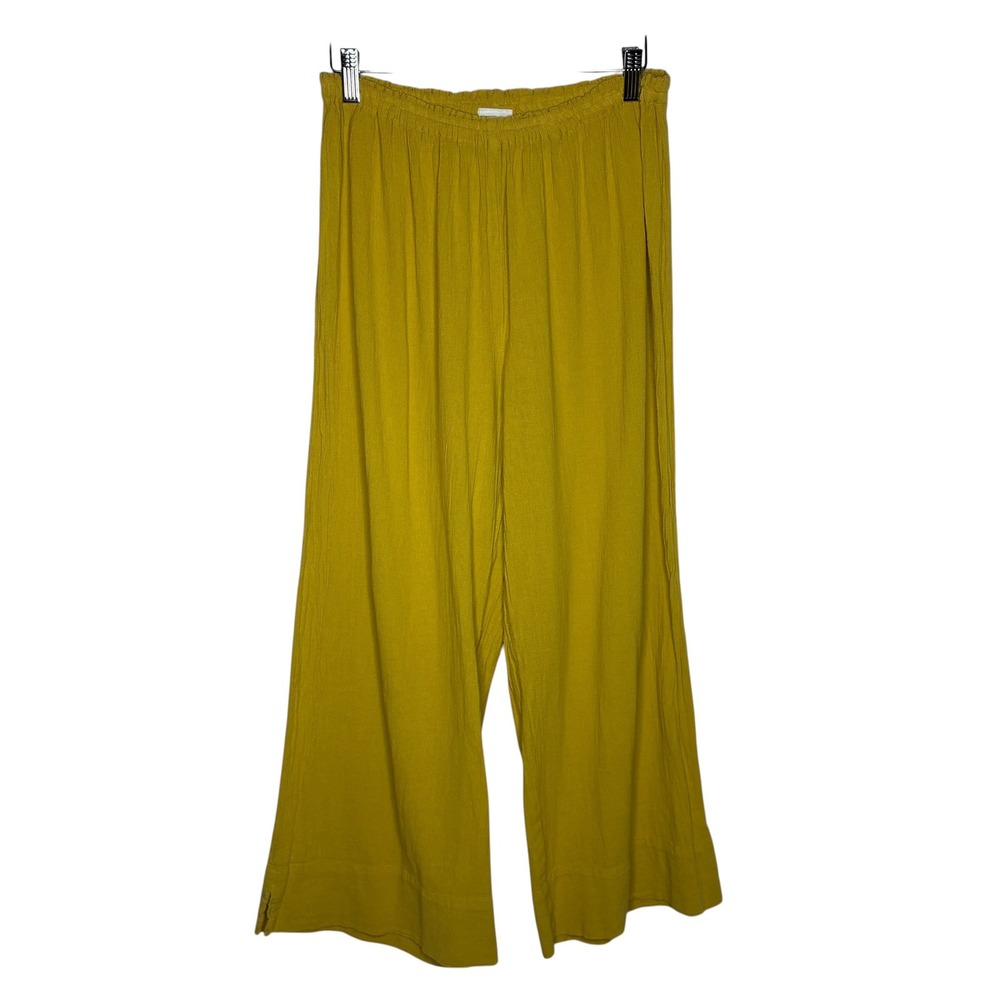 Oh My Gauze Women Size 1 Wide Leg Pants Mustard Yellow Cotton Elastic Waist Slit
